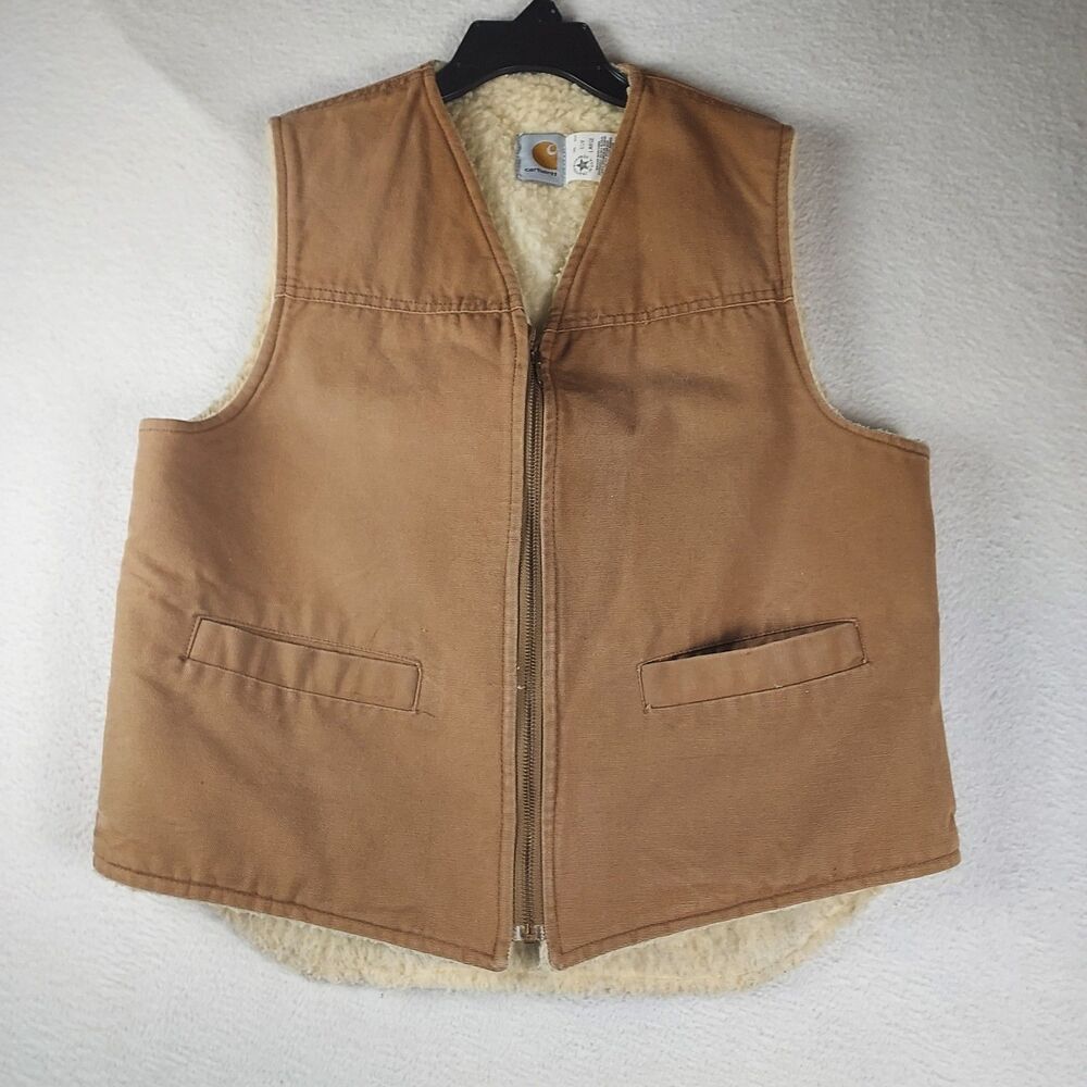 Carhartt Vintage 90s Sherpa Lined Duck Vest Mens Large Brown Zip Made USA
